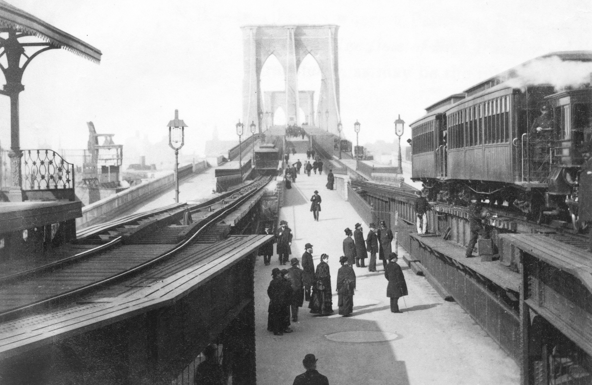 View over Brooklyn Bridge New York 1885